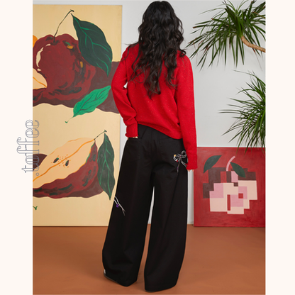 リボン刺繍ルーズストレートパンツ　《Z00700》