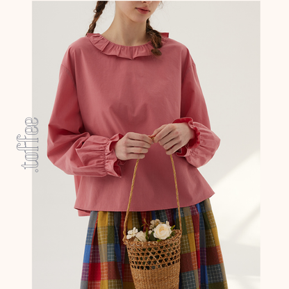 【2color】フリルネックコットンブラウス　《Z00787》