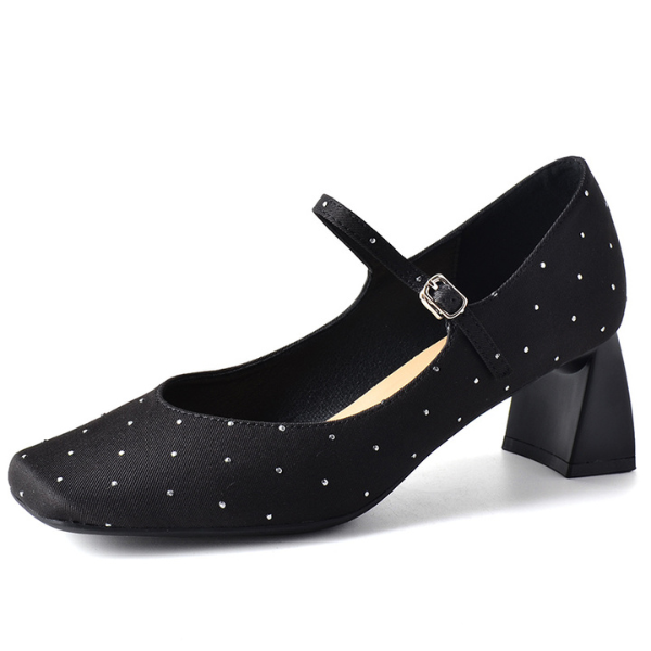 【2color】スクエアトゥチャンキーヒールドットパンプス X-536