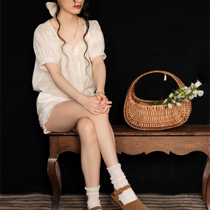 【2color】刺繍うさぎのスクエアネックブラウス《Z01046》