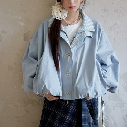 無地×ギンガムチェックのコントラストカラーバルーンジャケット　《Z00765》