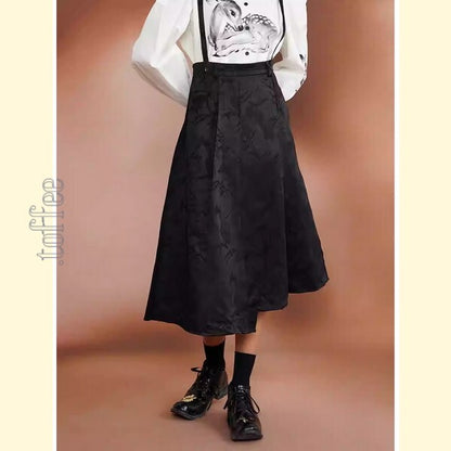 幻想的な水墨画ジャガードが織りなす：オリエンタルサスペンダースカート C0188