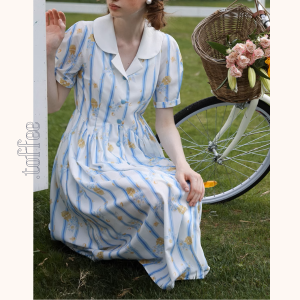 花柄＆ストライプフレンチシャツワンピース《Z00879》