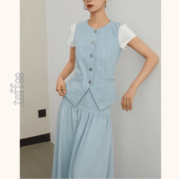 ノースリーブラウンドネックベスト＆Aラインロングスカートセットアップ《Z00954》