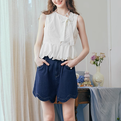 リボン装飾付きアシンメントリーペプラムトップ《Z00975》