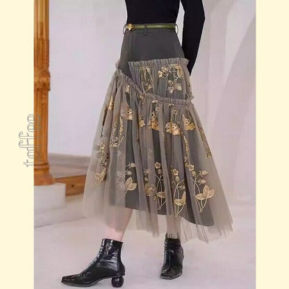 ニッチでクラシカルな植物画刺繍：フェアリーシアースカート C0163