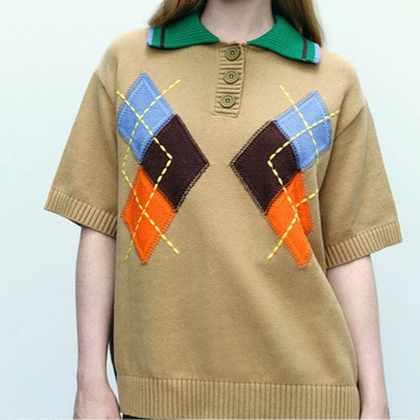カラフルアーガイル柄半袖ニットトップ　Z00543