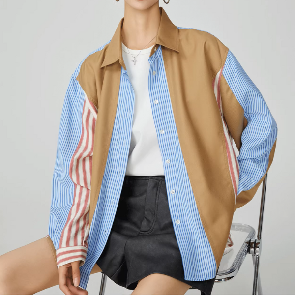 パッチワークストライプオーバーサイズロングスリーブシャツ《Z00951》