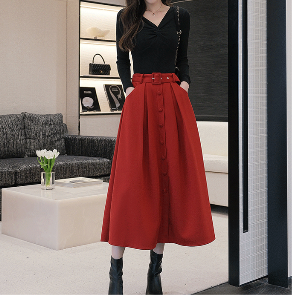 【2color】ベルテッドウールフレアスカート X-386