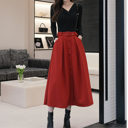 【2color】ベルテッドウールフレアスカート X-386