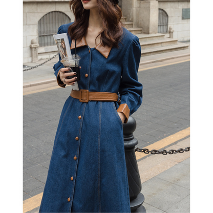 異素材ミックスバイカラーデニムワンピース　AU-225