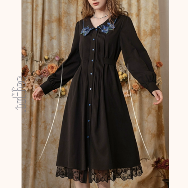 フラワー刺繍レースヘムブラックワンピース　《Z00680》