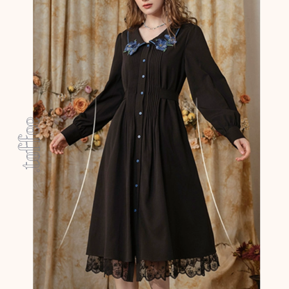 フラワー刺繍レースヘムブラックワンピース　《Z00680》