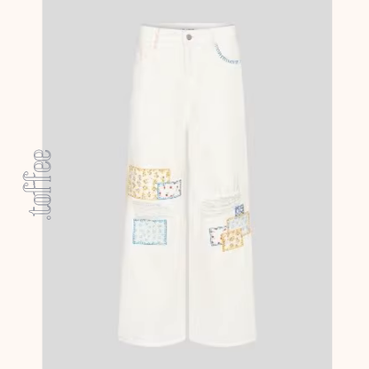 パッチワーク小花刺繍ワイドパンツ《Z01033》