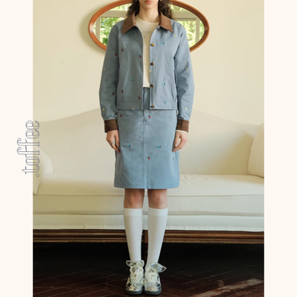 【2color】マルチカラー刺繍入りデニムセットアップ　Z00499