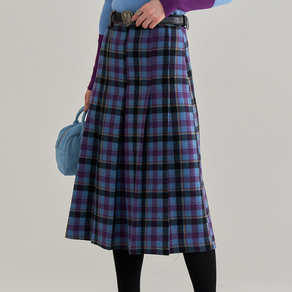 ハイウエストチェック柄ミモレ丈スカート　《Z00656》