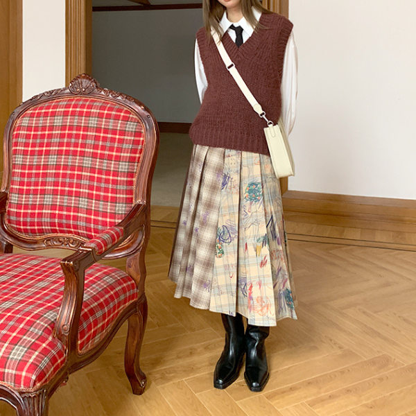 パッチワークプリーツロングスカート Z00106