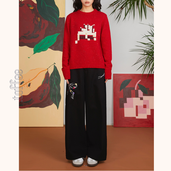 リボン刺繍ルーズストレートパンツ　《Z00700》