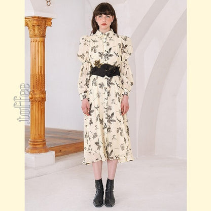 クラシカルボタニカルプリント　パフスリーブシャツワンピース　C0165