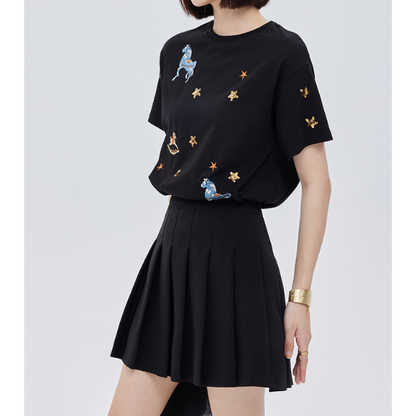 ポニーと星の刺繍入り半袖ニットトップ Z00203