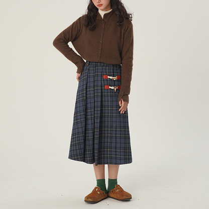 【2color】ホーンボタンチェック柄ロングスカート　Z00607