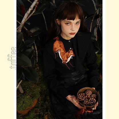 【2color】「小狐物語」森の中のキツネとアシンメトリーフリルブラウス C0182