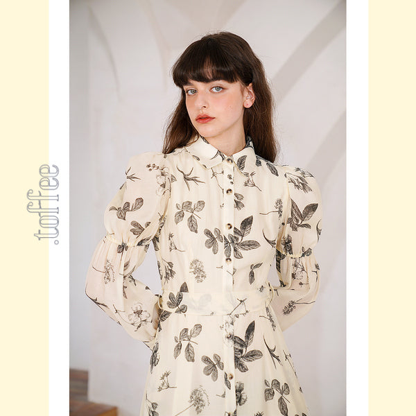 クラシカルボタニカルプリント　パフスリーブシャツワンピース　C0165