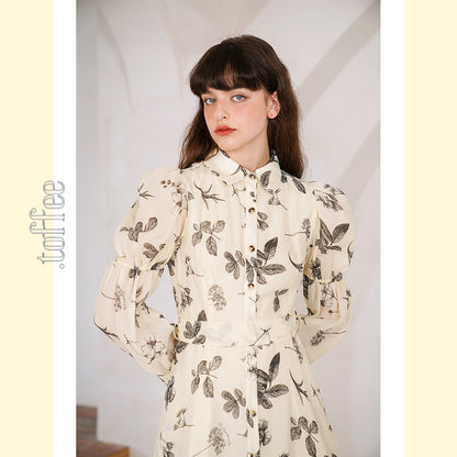 クラシカルボタニカルプリント　パフスリーブシャツワンピース　C0165