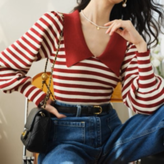 大きめ襟の赤×白ボーダーパフスリーブトップ《Z01290》