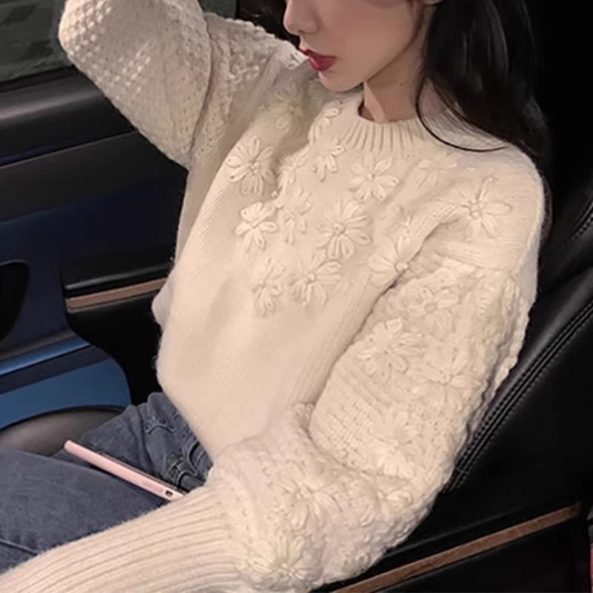 【2color】立体フラワー×ランタンスリーブニットプルオーバー《Z01266》