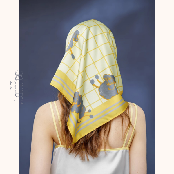 羊プリント　レモンイエローウィンドウチェック　シルキータッチ大判スカーフ C0147