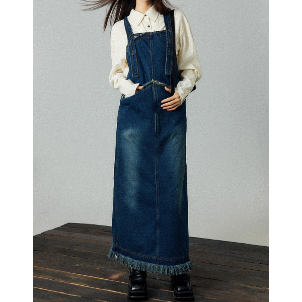 フリンジデニムジャンパースカート X-368