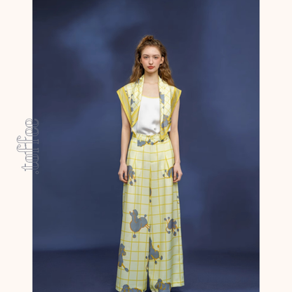 羊プリント　レモンイエローウィンドウチェック　シルキータッチ大判スカーフ C0147