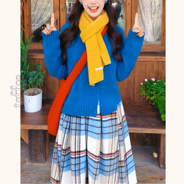 白地レトロチェックの揺れプリーツスカート《Z01206》