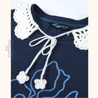 かぎ針襟と花刺繍のネイビーセット《Z01135》