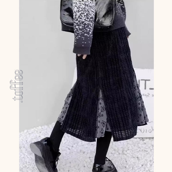 蝶柄×チェック切替のフィッシュテールロングスカート《Z01224》