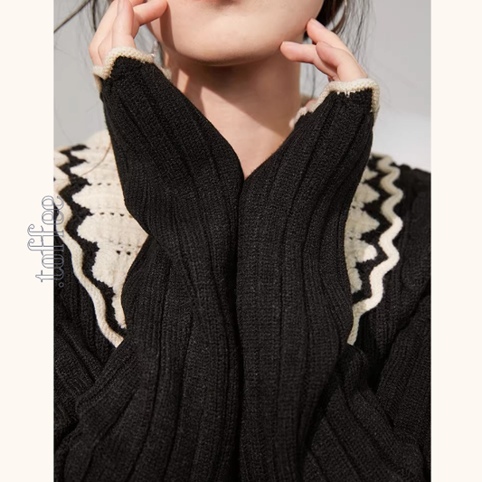 配色襟のブラックニットカーディガン《Z01308》