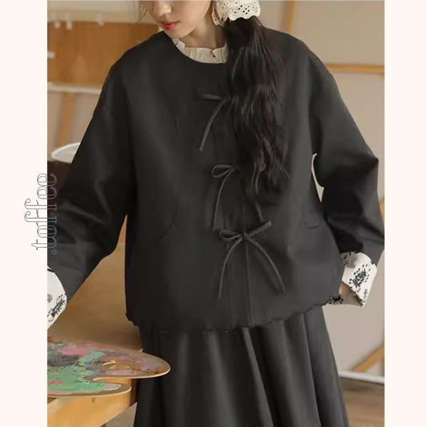 リボン留め×レイヤード風ブラックセットアップ《Z01358》