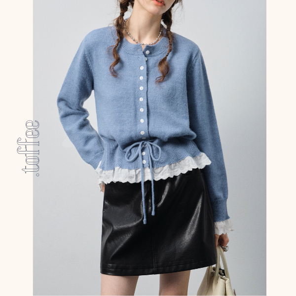 【2color】レース裾と蝶結びが可愛い＊ショートニットカーディガン《Z01189》