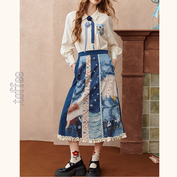 レトロプリント切替フレアスカート《Z01103》