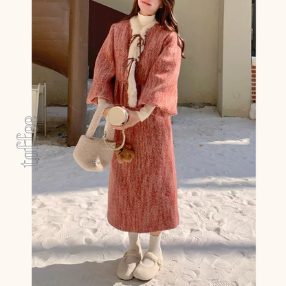 淡紅ファーリボンジャケット＆ミモレ丈スカートのセットアップ《Z01268》