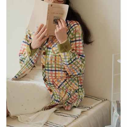 小花×チェック柄のカラフルシャツ Z00078