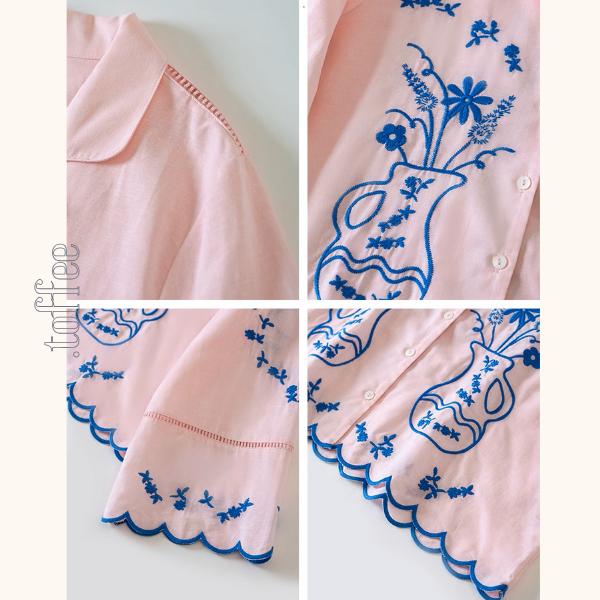 フラワーベース刺繍シャツ＆ショートパンツセットアップ《Z01006》