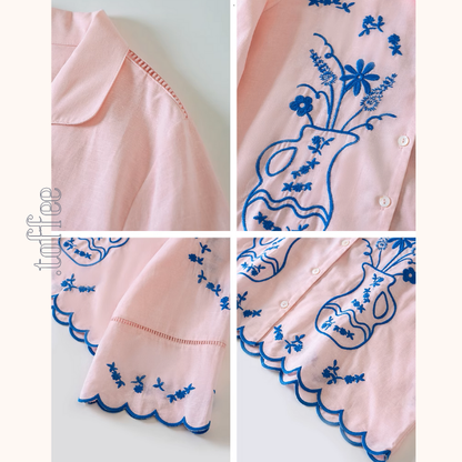 フラワーベース刺繍シャツ＆ショートパンツセットアップ《Z01006》