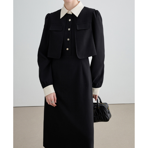 レイヤード風ブラックスリムワンピース Z00026