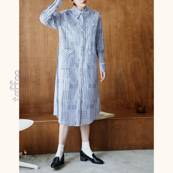 チェック柄パッチワークシャツワンピース　Z00469