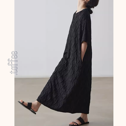 ラウンドネックロングブラックワンピース《Z00996》