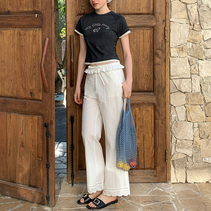 フリルウエスト＆レースヘムホワイトパンツ《Z00823》