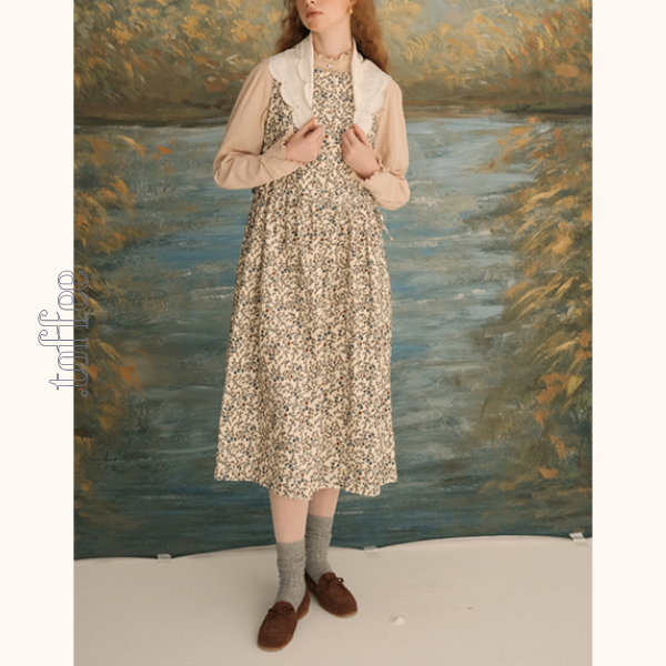 コーデュロイフローラルプリントノースリーブワンピース　Z00616