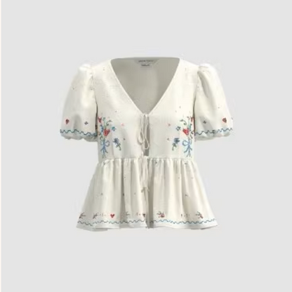 フラワー刺繍ペプラムブラウス《Z01032》